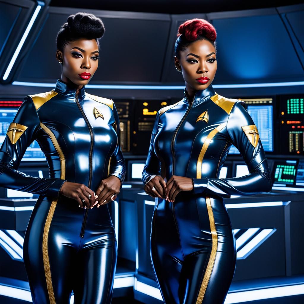 Sci-Fi Control Room with Women in Latex Catsuits