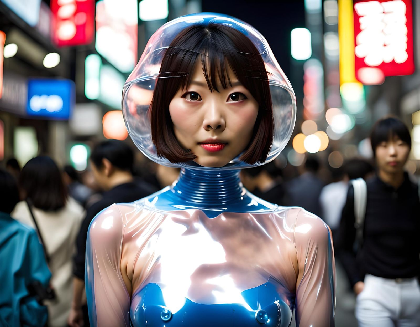 Young Japanese Woman in Skintight Plastic Outfit