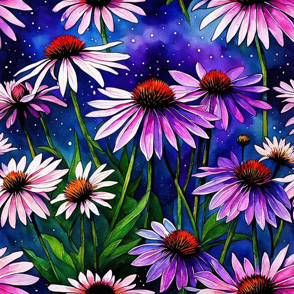 dark purple coneflowers : drizzly : with an emphasis on an abstract  cosmological sky watercolor background : romanticis...