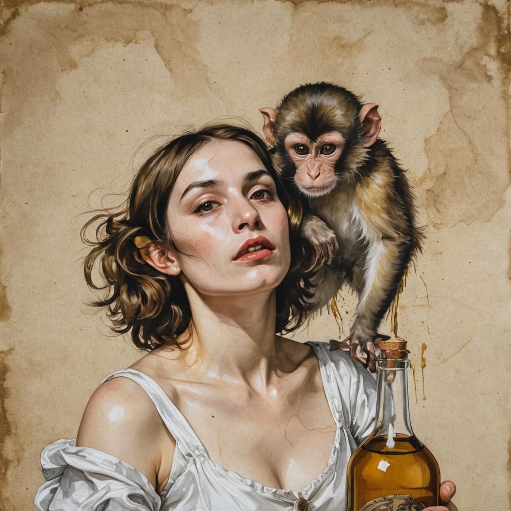 Self-Portrait with Monkey in Alcohol Ink Style