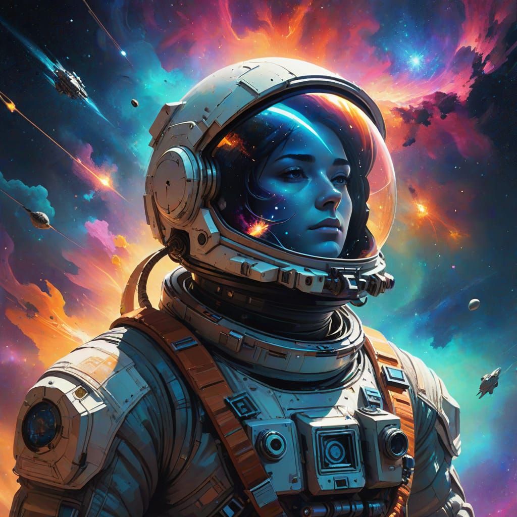 Astronaut Repairs Spaceship in Cosmic Nebula Concept Art