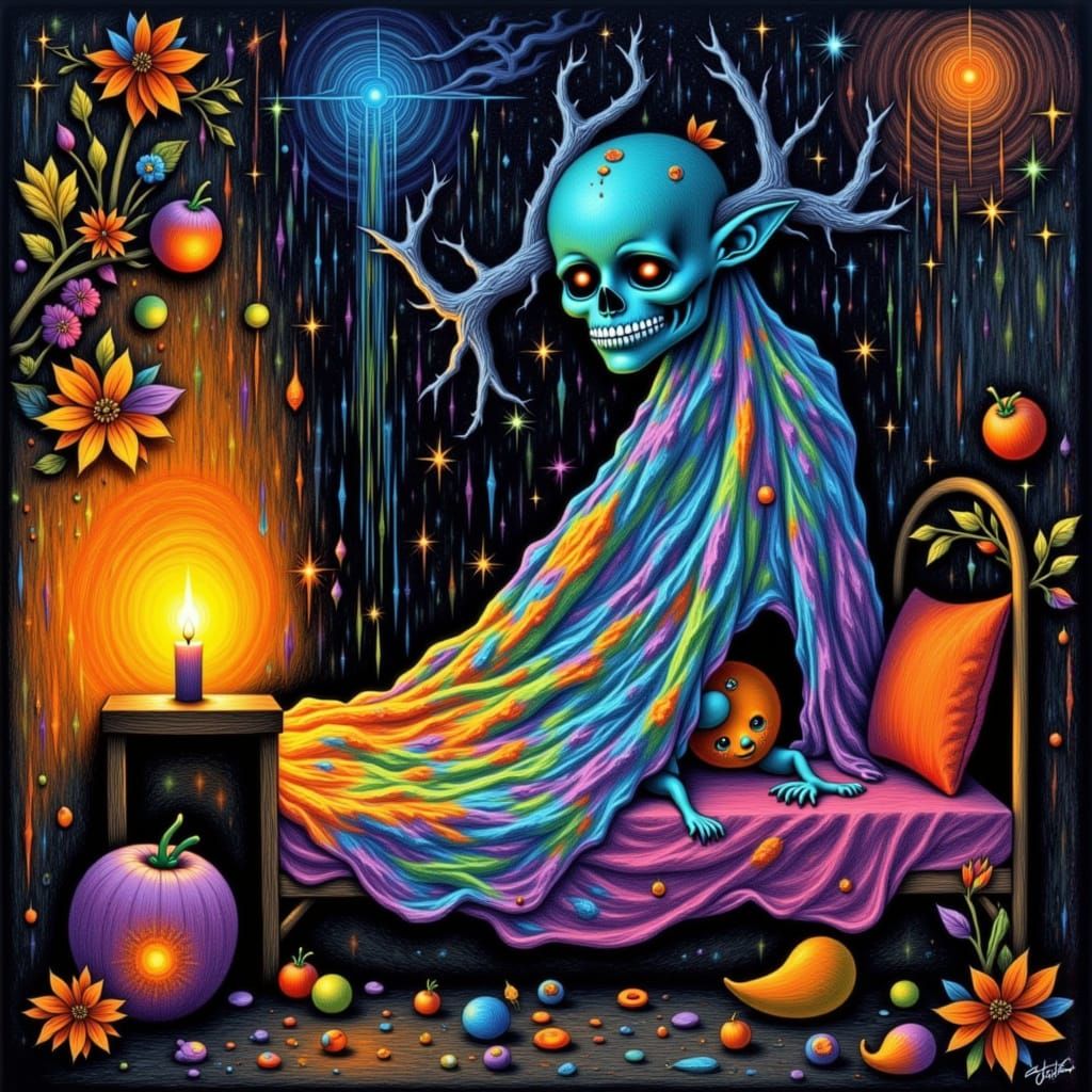 Pagan Horned Goddess in Child-Like Crayon and Watercolor Sty...