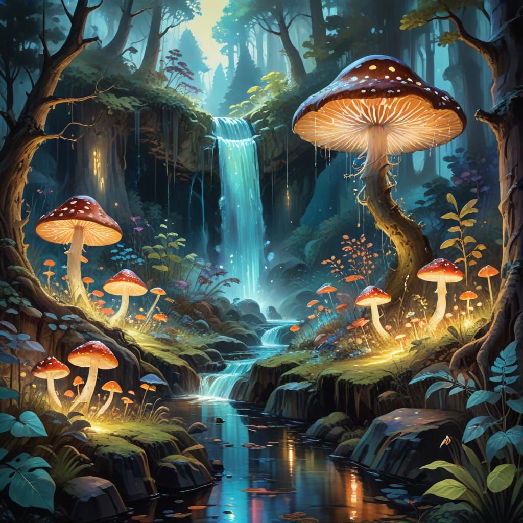 Enchanted Gouache Forest with Liquid Light Waterfall