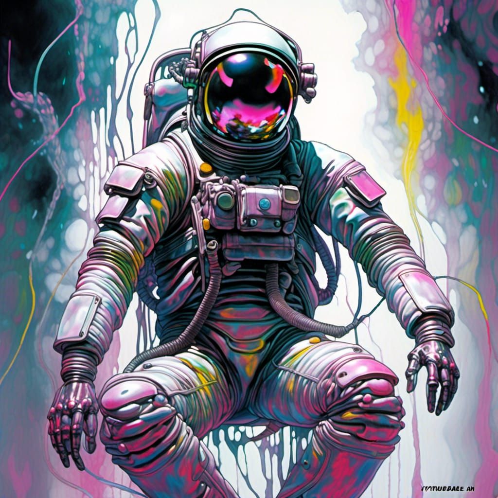 Cyborg Astronaut with Iridescent Weapon in Synthwave Style