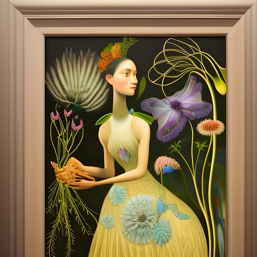 Girl Holding Flowers in Botanical Art Style