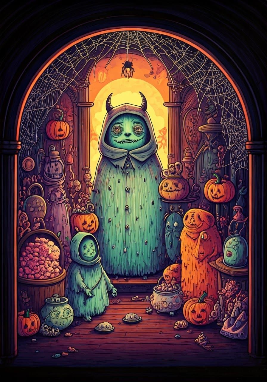 Halloween Costume Party with Whimsical Monsters in Watercolo...