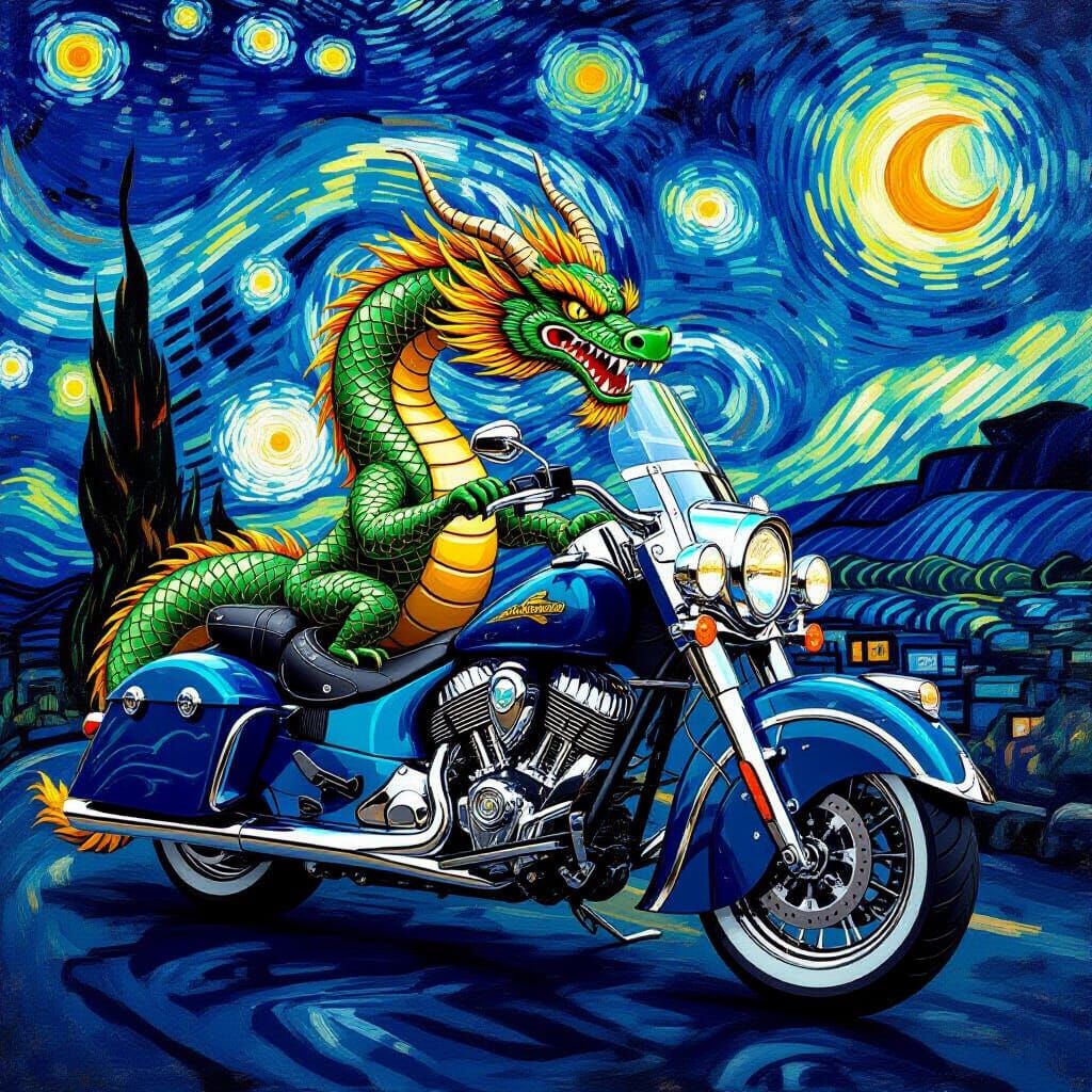 Dragon Riding Motorcycle in Van Gogh Starry Night Style