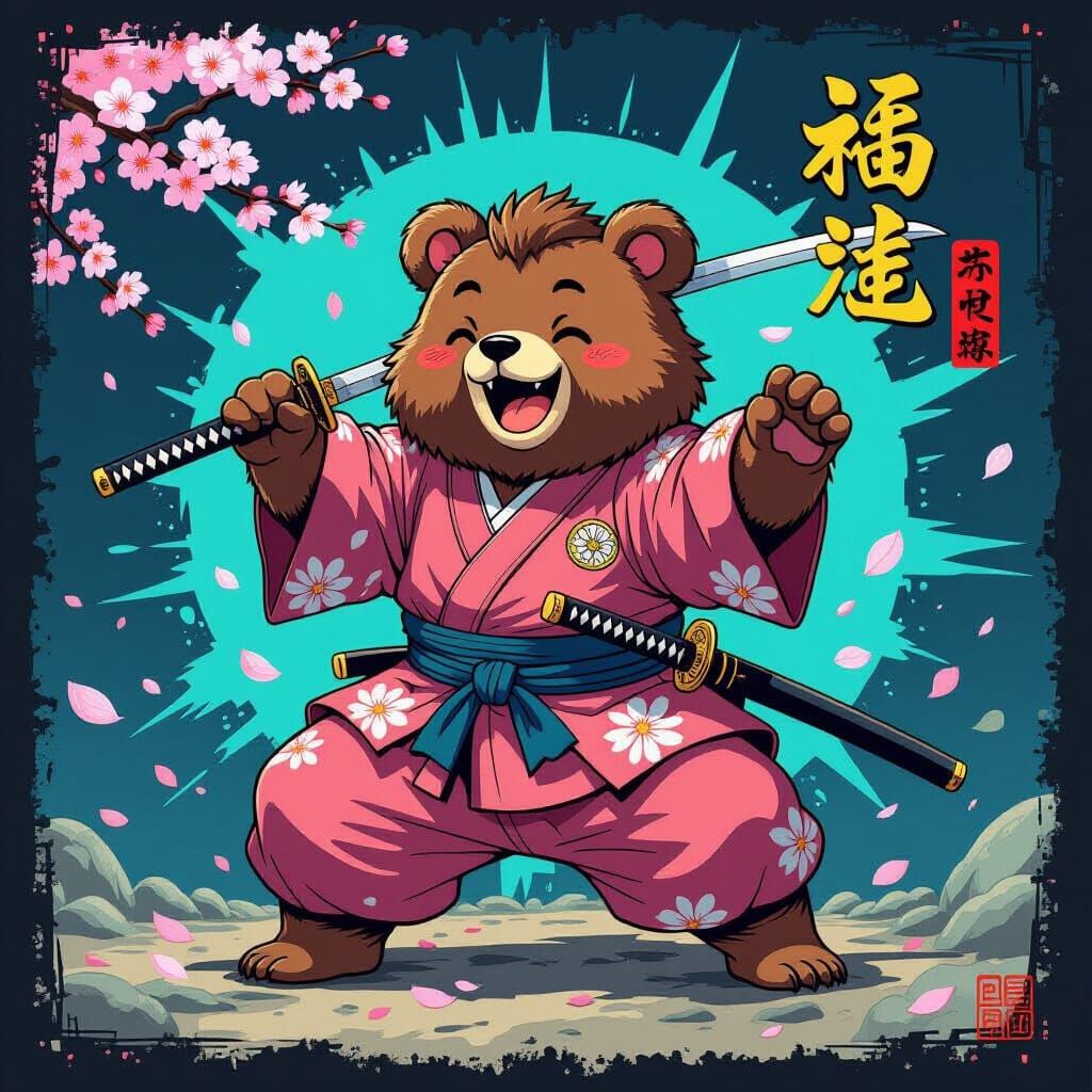 Chubby Bear Samurai in Pink Kimono, Dynamic Action Pose
