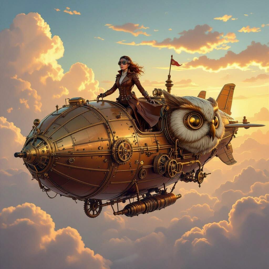 Steampunk Owl Airship Soaring Through Clockwork Skies