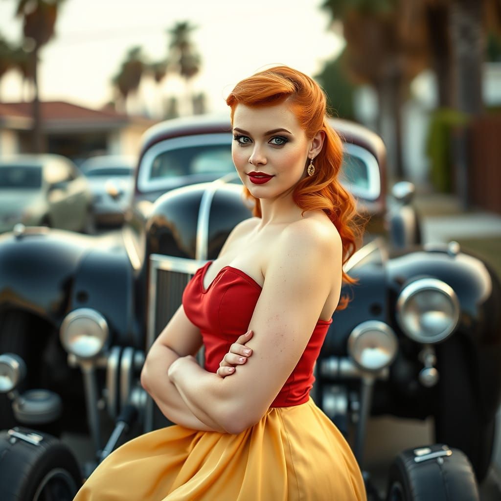 Vintage Pinup Girl Poses Confidently in Front of a Hot Rod i...