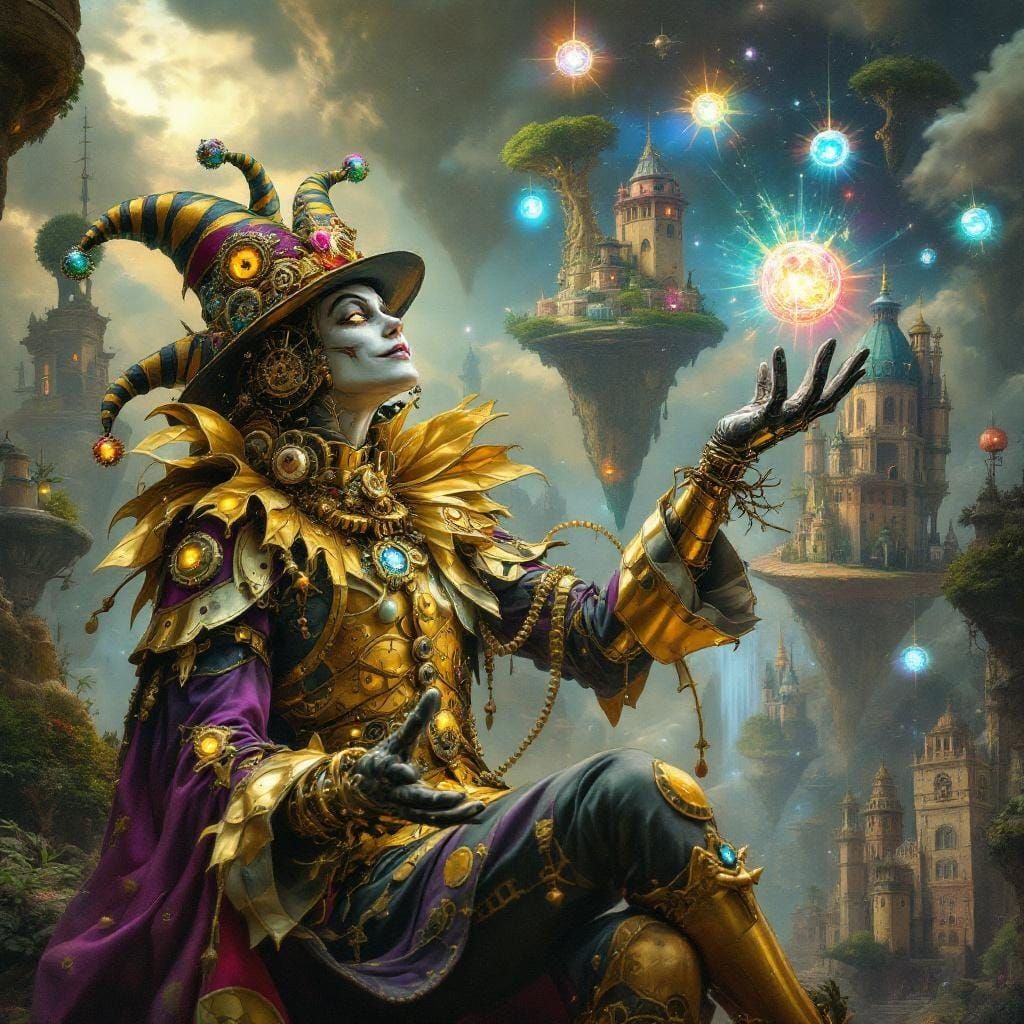 Steampunk Jester Juggling Light Orbs in Dreamscape