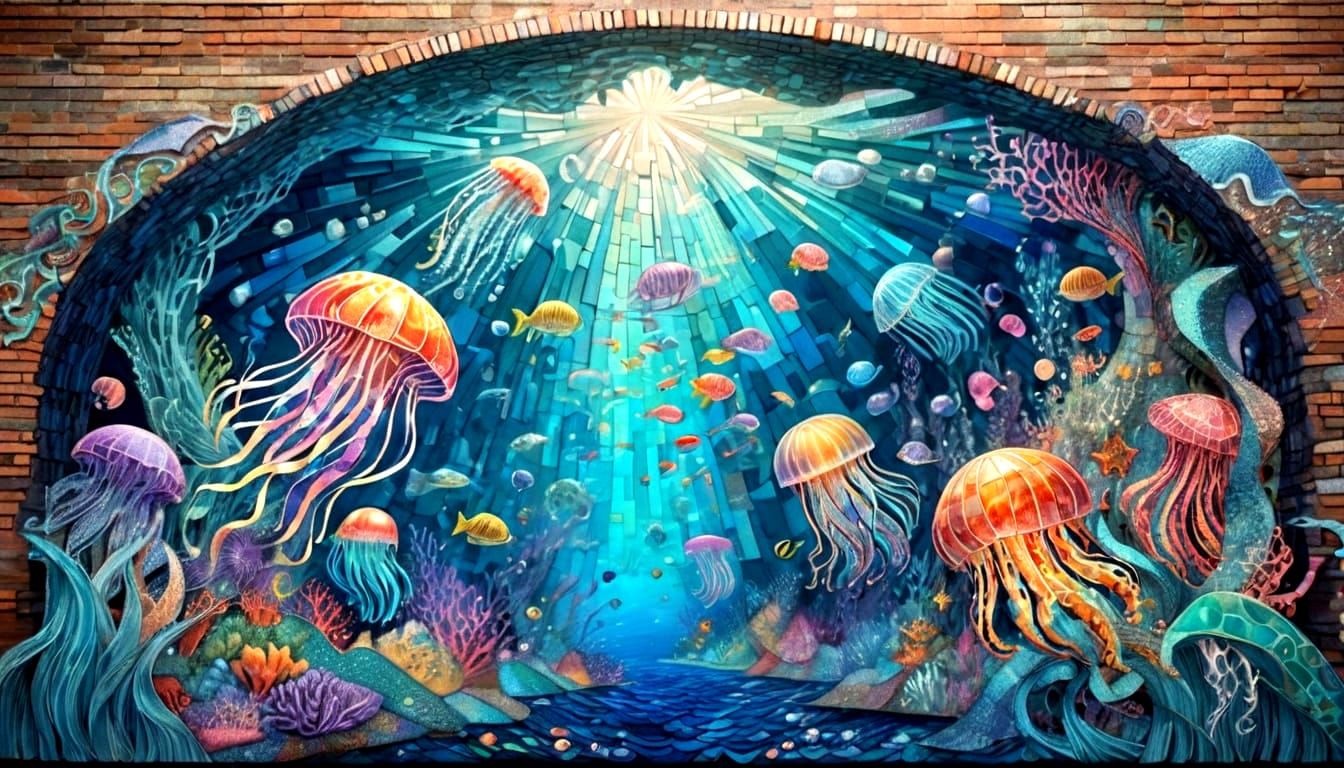 Optical Illusion Jellyfish Mural in Soft Pastel Chalk Style