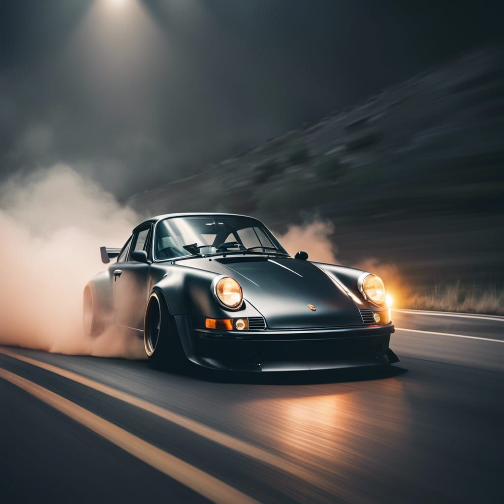 black porsche burnout on highway