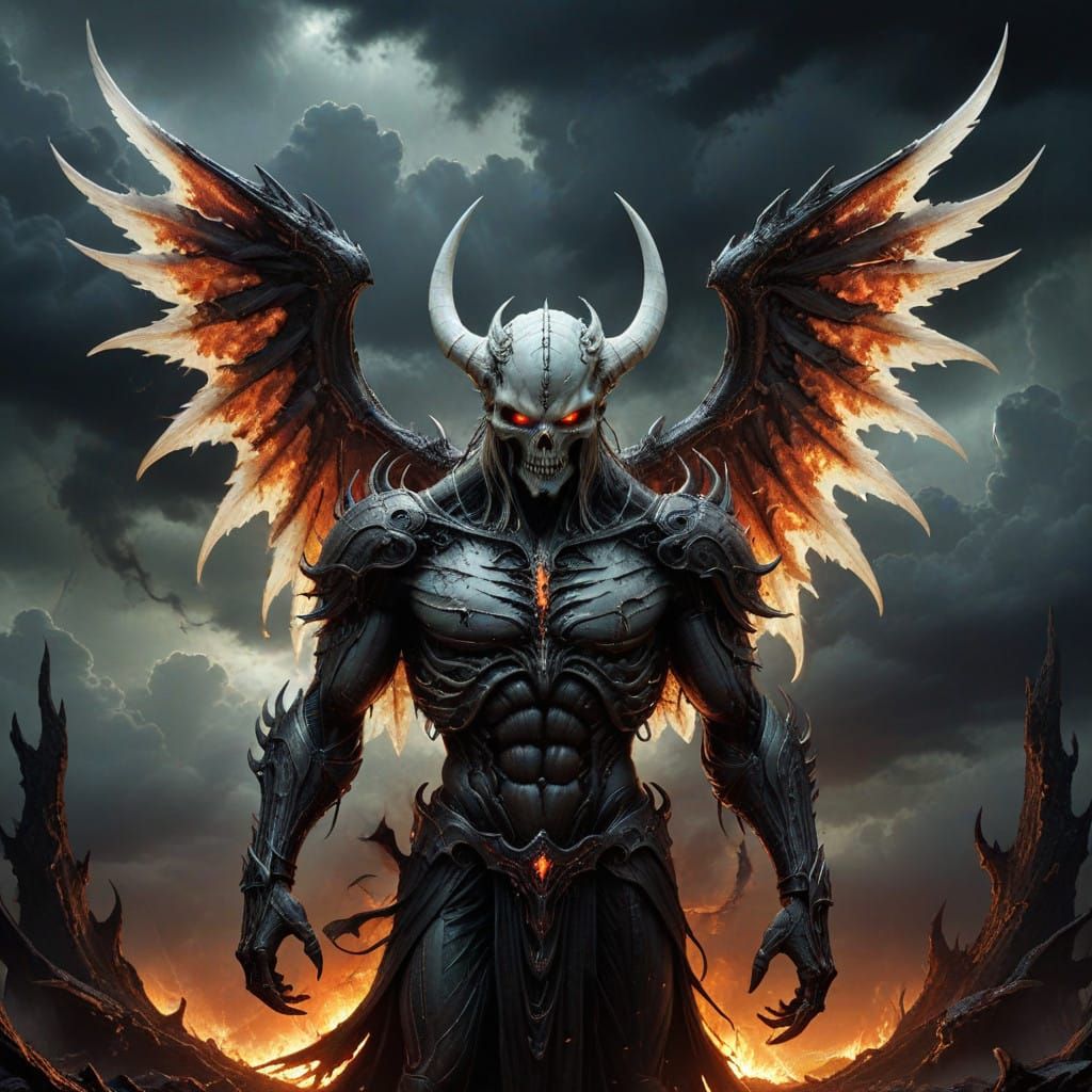 Surreal Demon with Blazing Wings in a Dark, Gothic Landscape