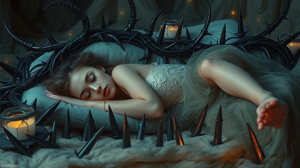 Surreal Dream: Woman Asleep on Bed of Spikes