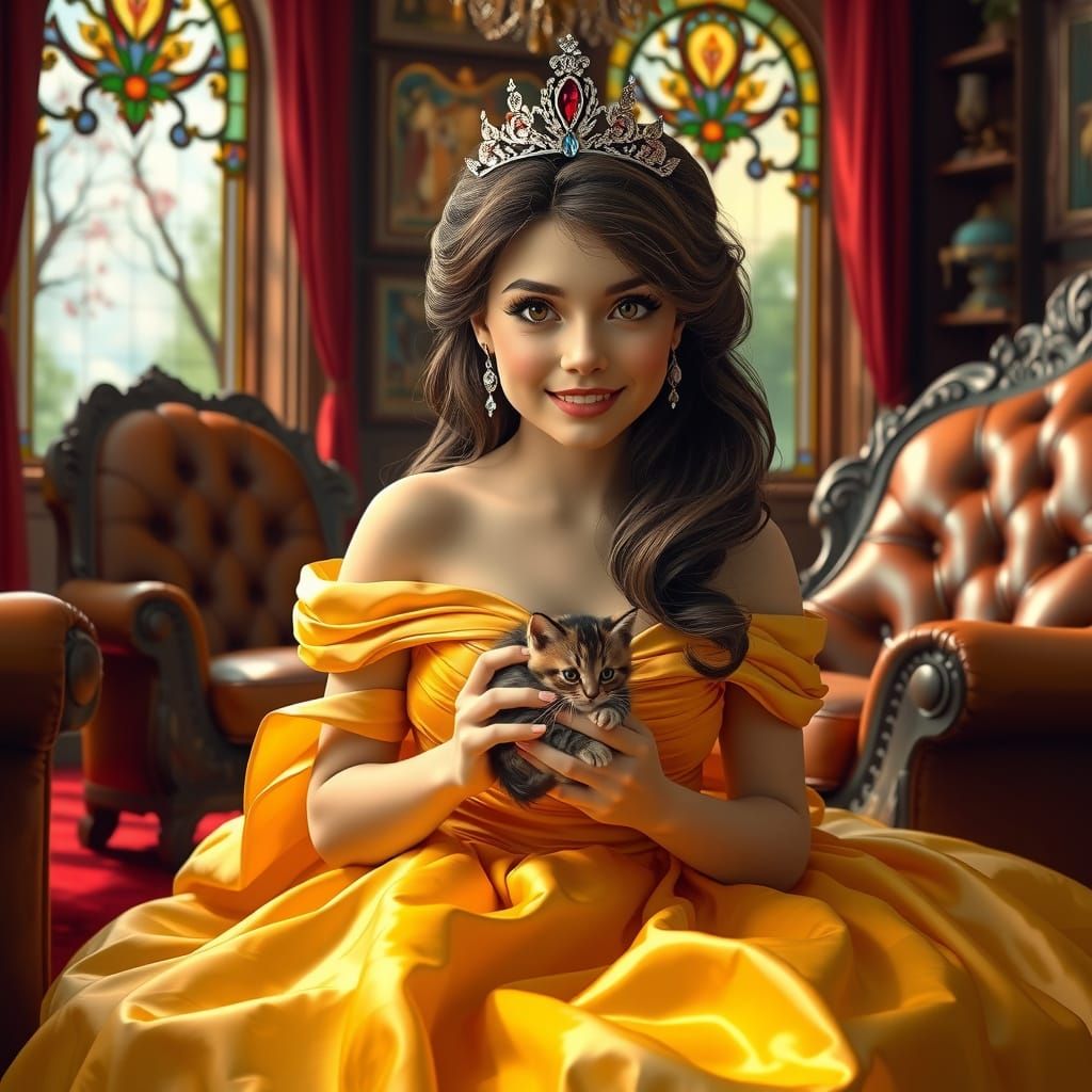 Princess Belle Portrait with Kitten in Art Nouveau Style