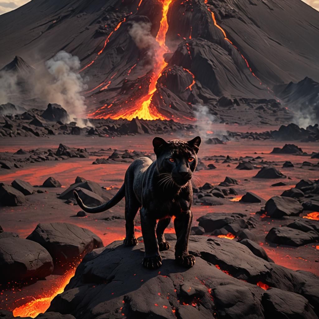 Baby Panther at Volcano Edge: Miyazaki-Inspired Film Still