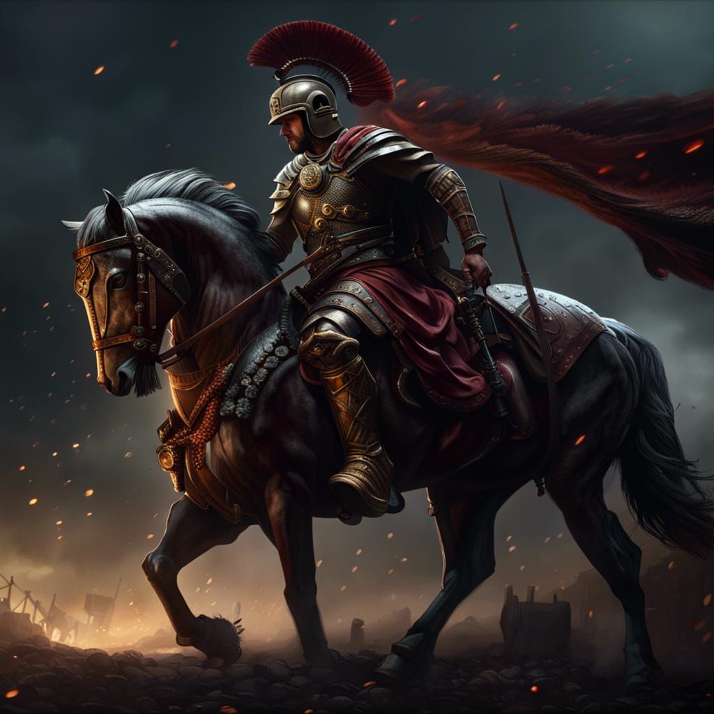 Roman Soldier Rides to Battle: Dark Fantasy Art