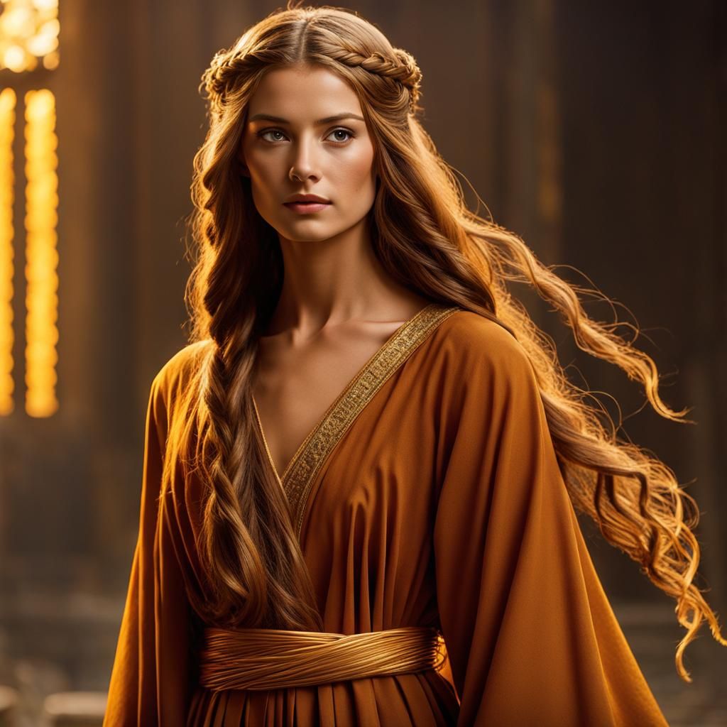 Beautiful Tawny Woman in Acorn-Colored Robe