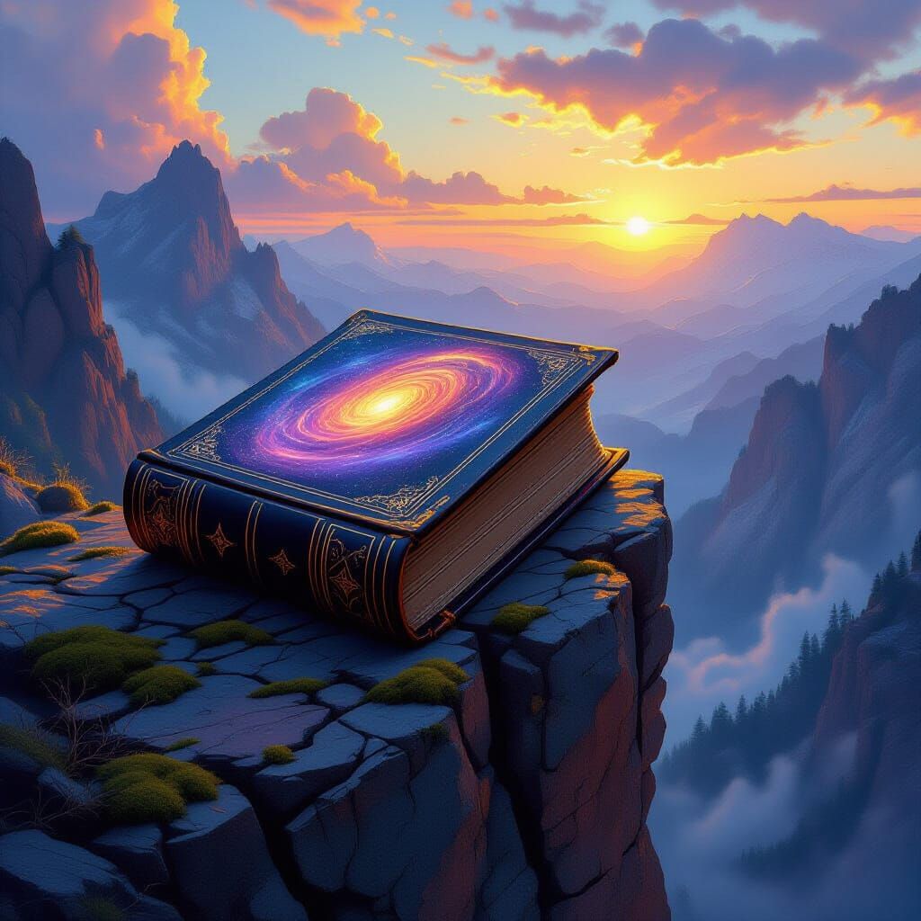 Colossal Ancient Tome on Mountain Cliff at Golden Hour