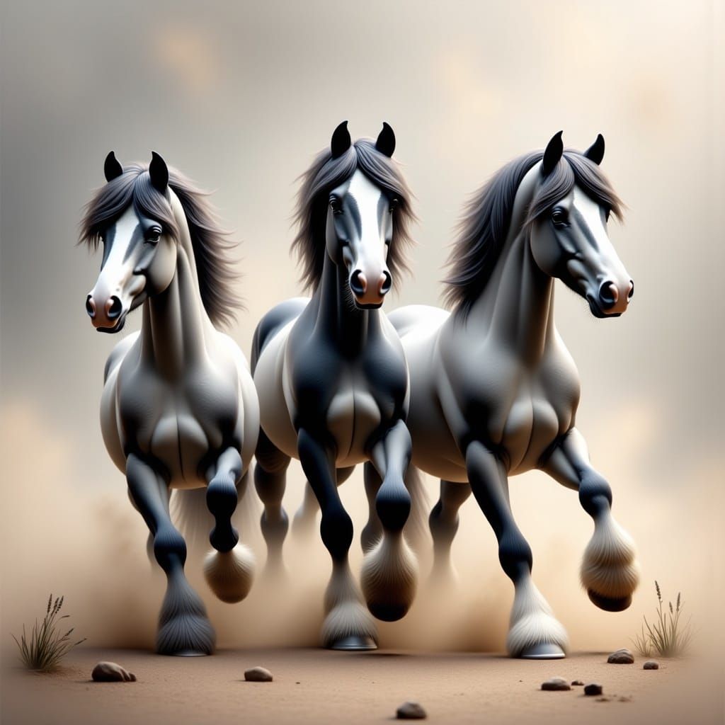 Wild Grey Horses Galloping in Chalk-Textured Matte Painting