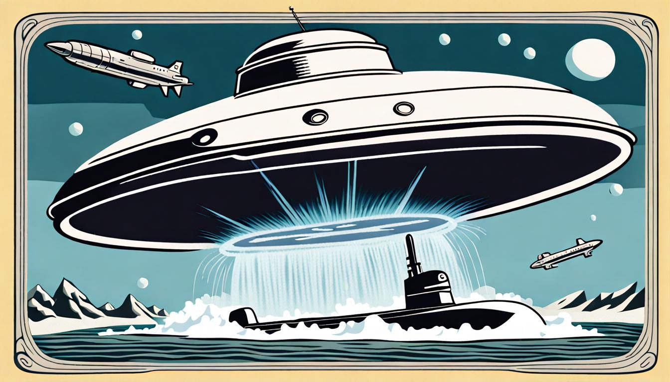 Nuclear Submarine Breaching Ice Under Flying Saucer Attack