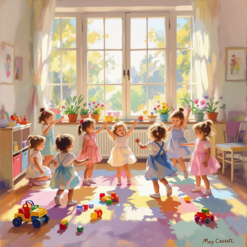 Joyful Children Dancing and Playing in Sunlit Daycare