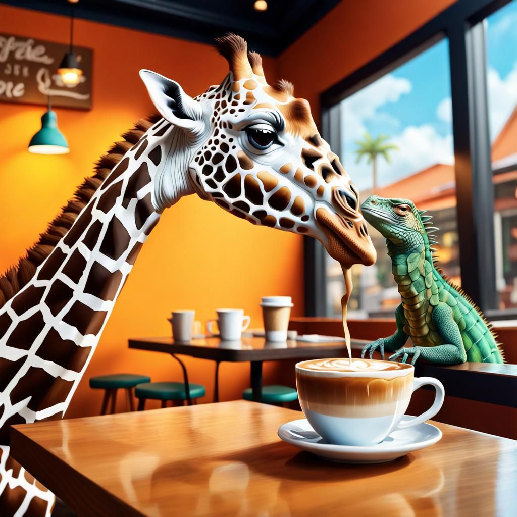 Giraffe and Iguana Enjoying Lattes in Splash Art