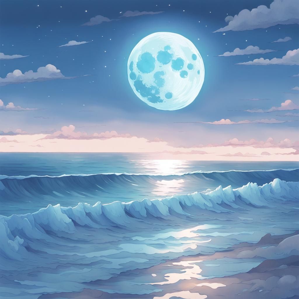 Pastel Blue Moon Over Ocean in Anime Style