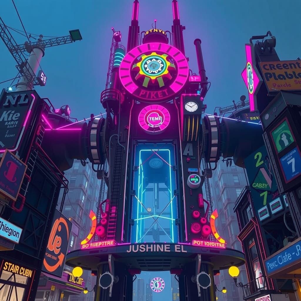 Surreal Steampunk Metropolis in Vibrant Neon Hues