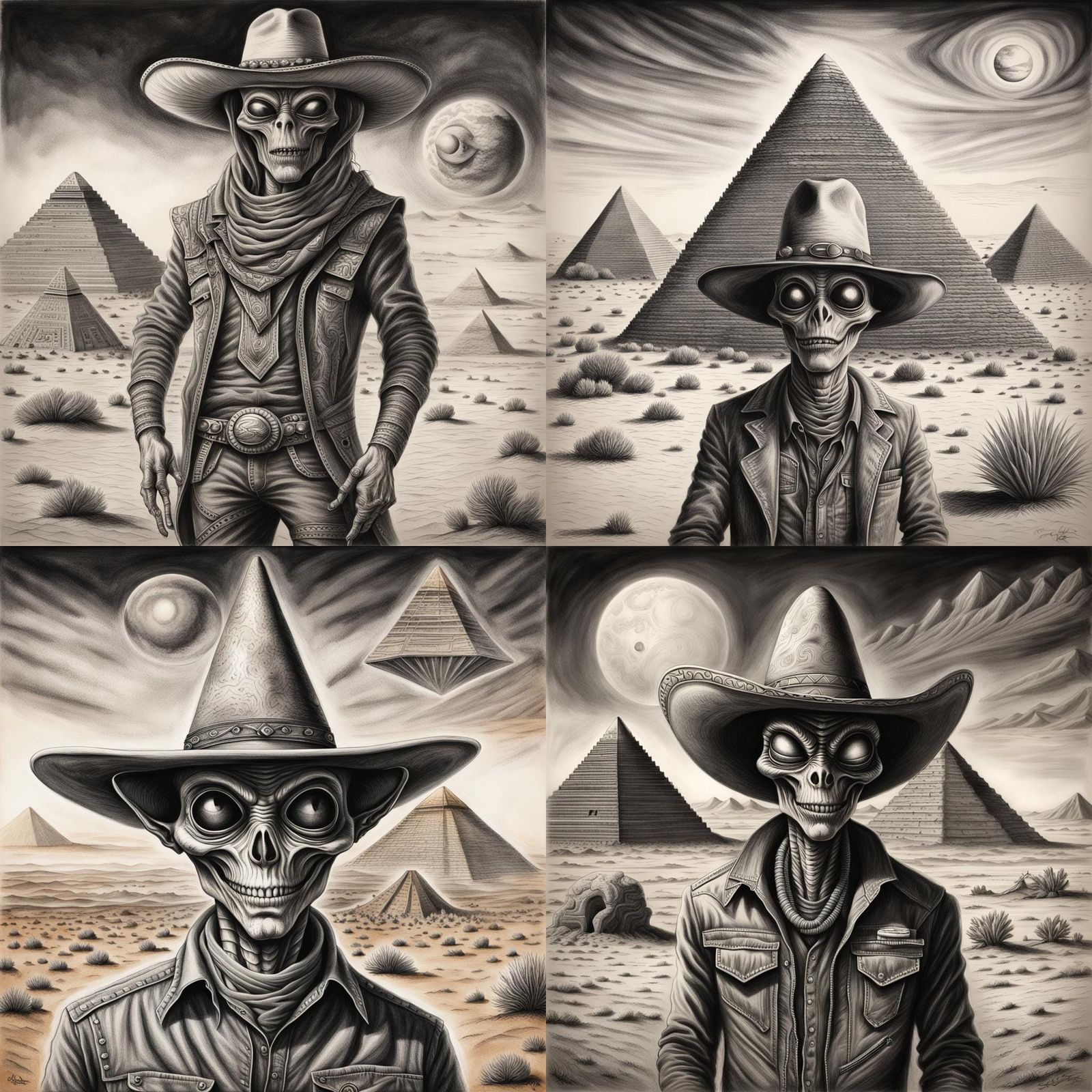 Alien Cowboy in Desert: Hyperdetailed Charcoal Drawing