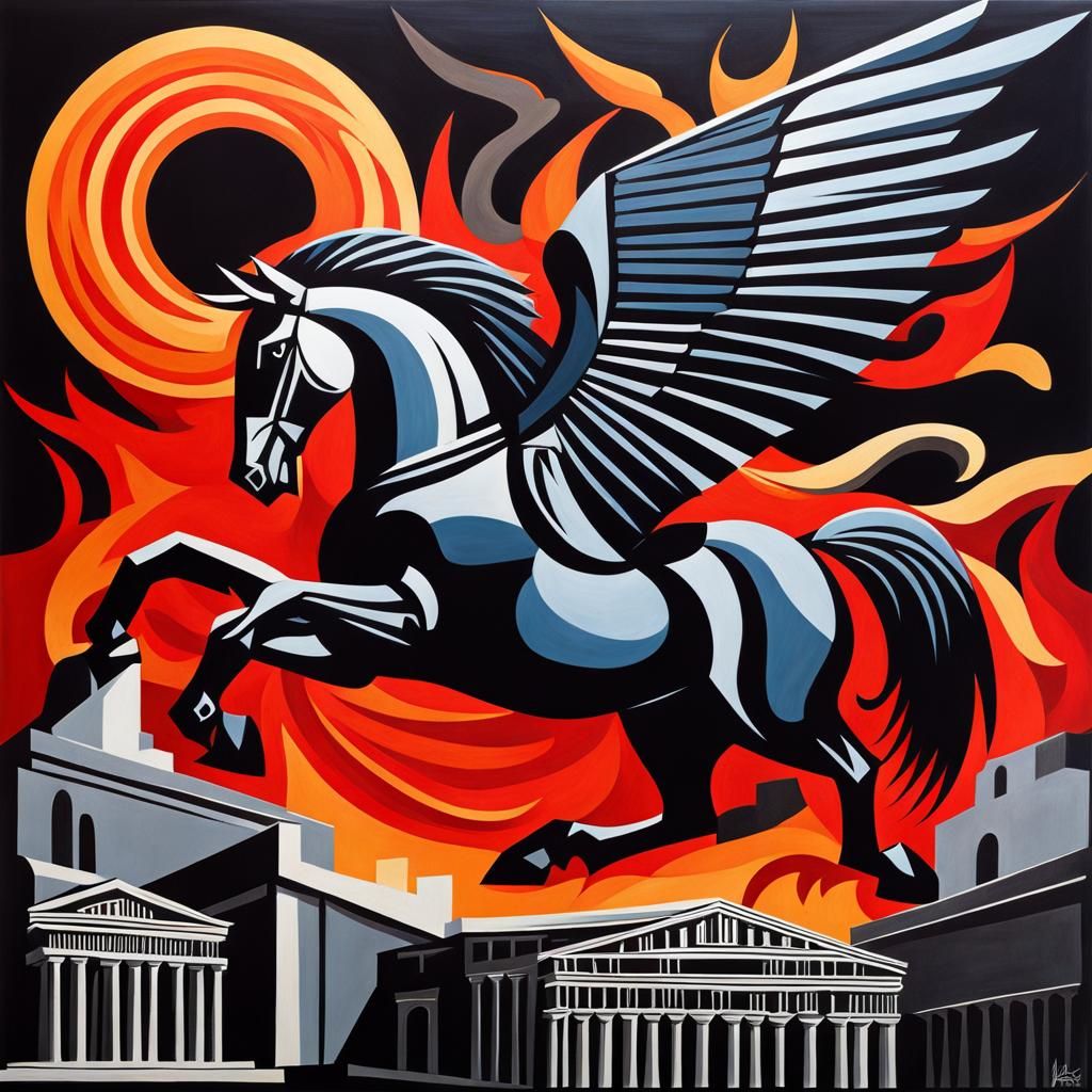 Cubist Pegasus with Bat Wings in Monochromatic Style