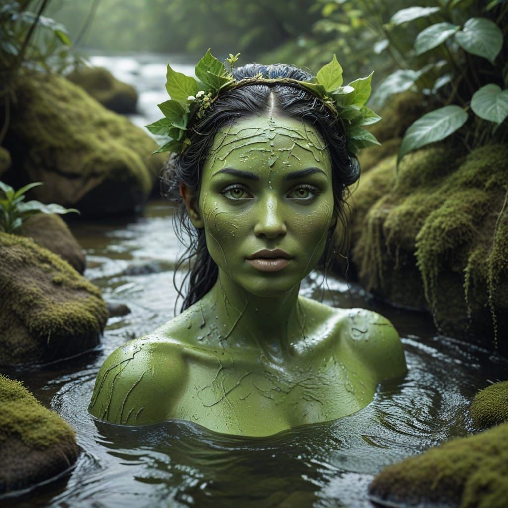 Photorealistic green Goddess bathes in a stream