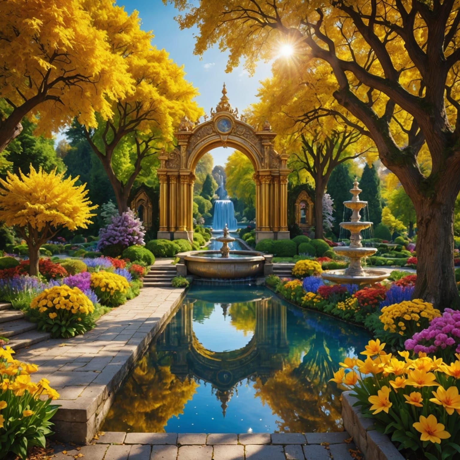 Heavenly Garden with Golden Gates and Sapphire Trees