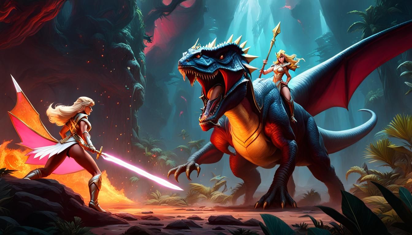 She-Ra Battles Dinosaur: Dark Fantasy Action Scene