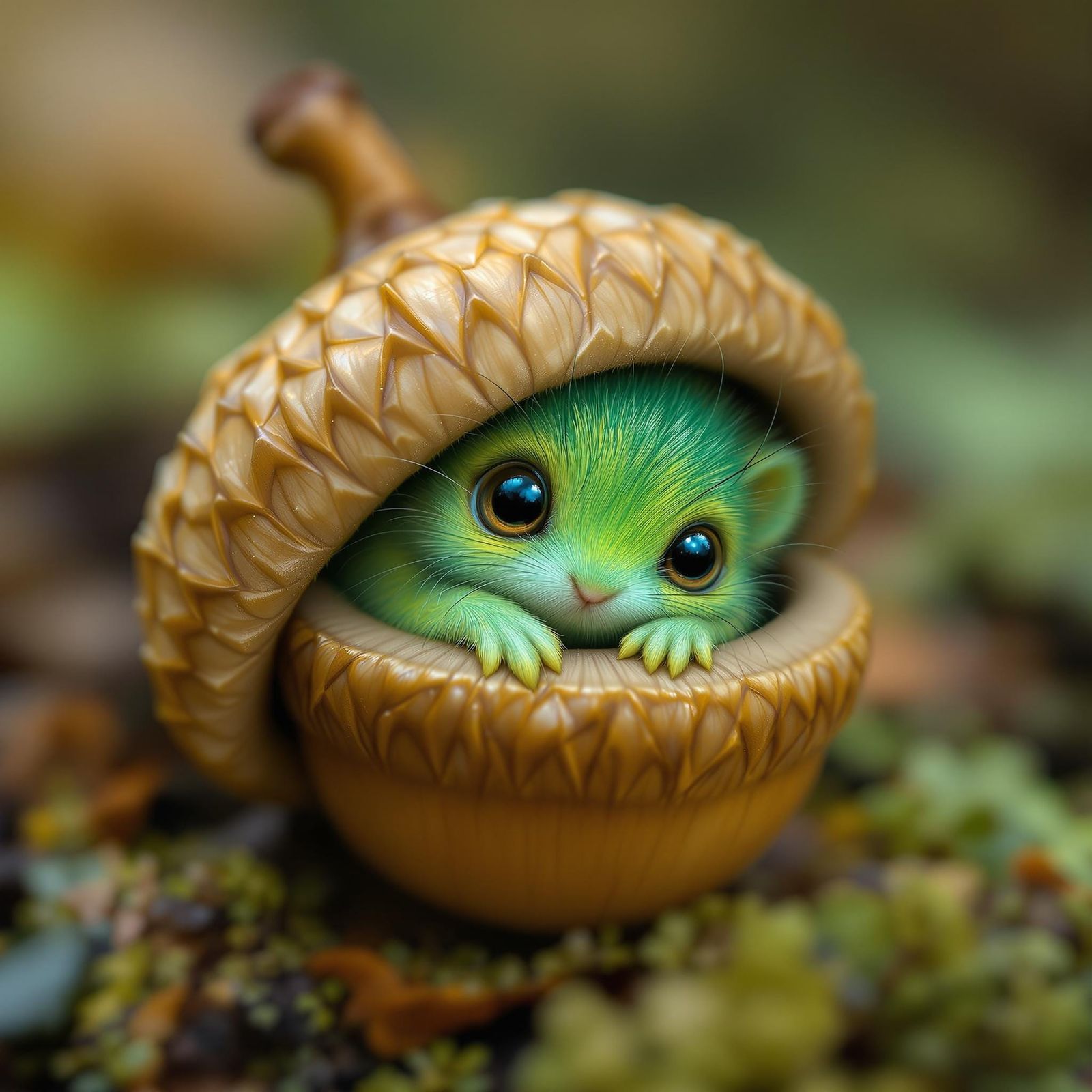 Whimsical Forest Sprite in Golden Acorn Cap