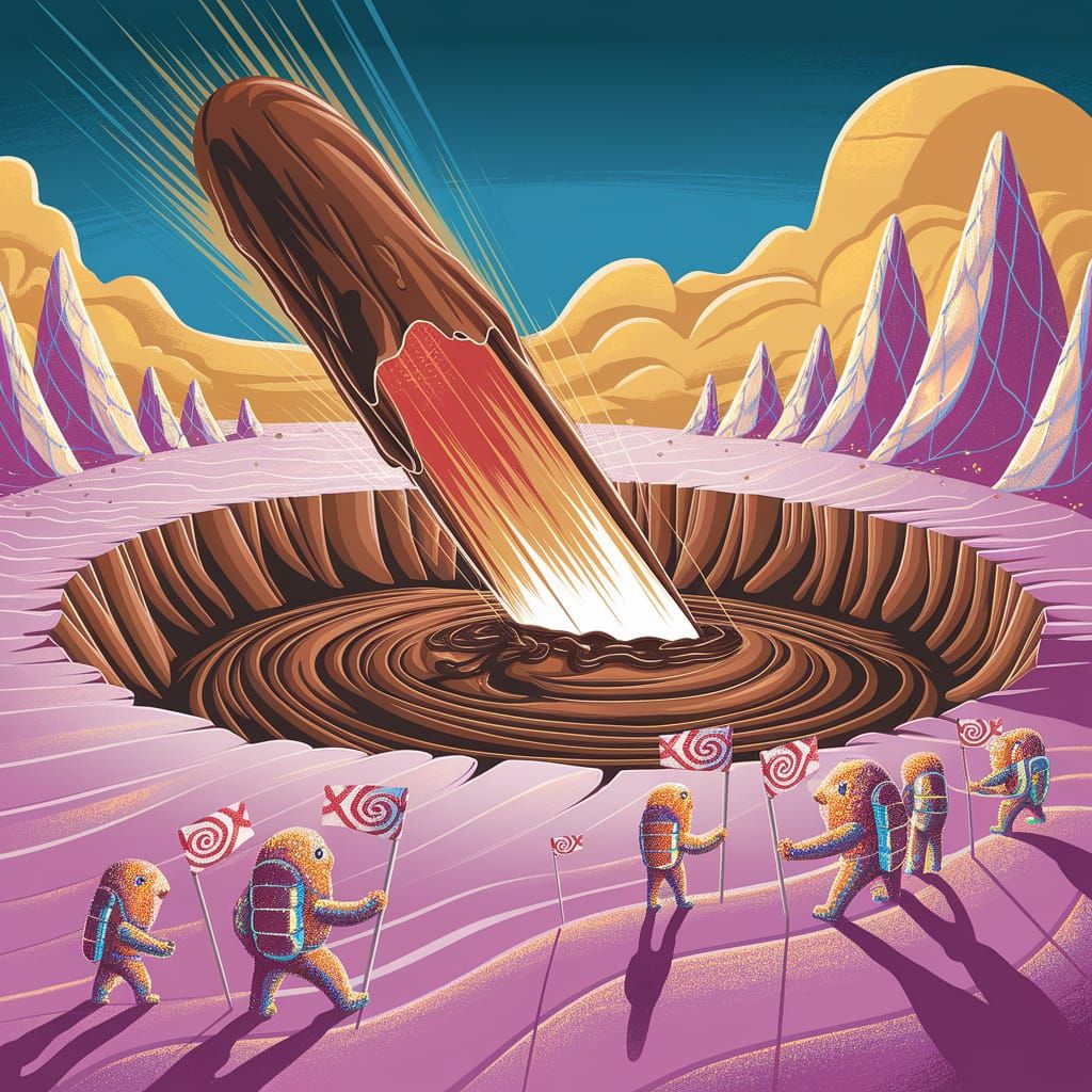 Caramel Meteor Strikes Marshmallow Desert in Whimsical Illus...