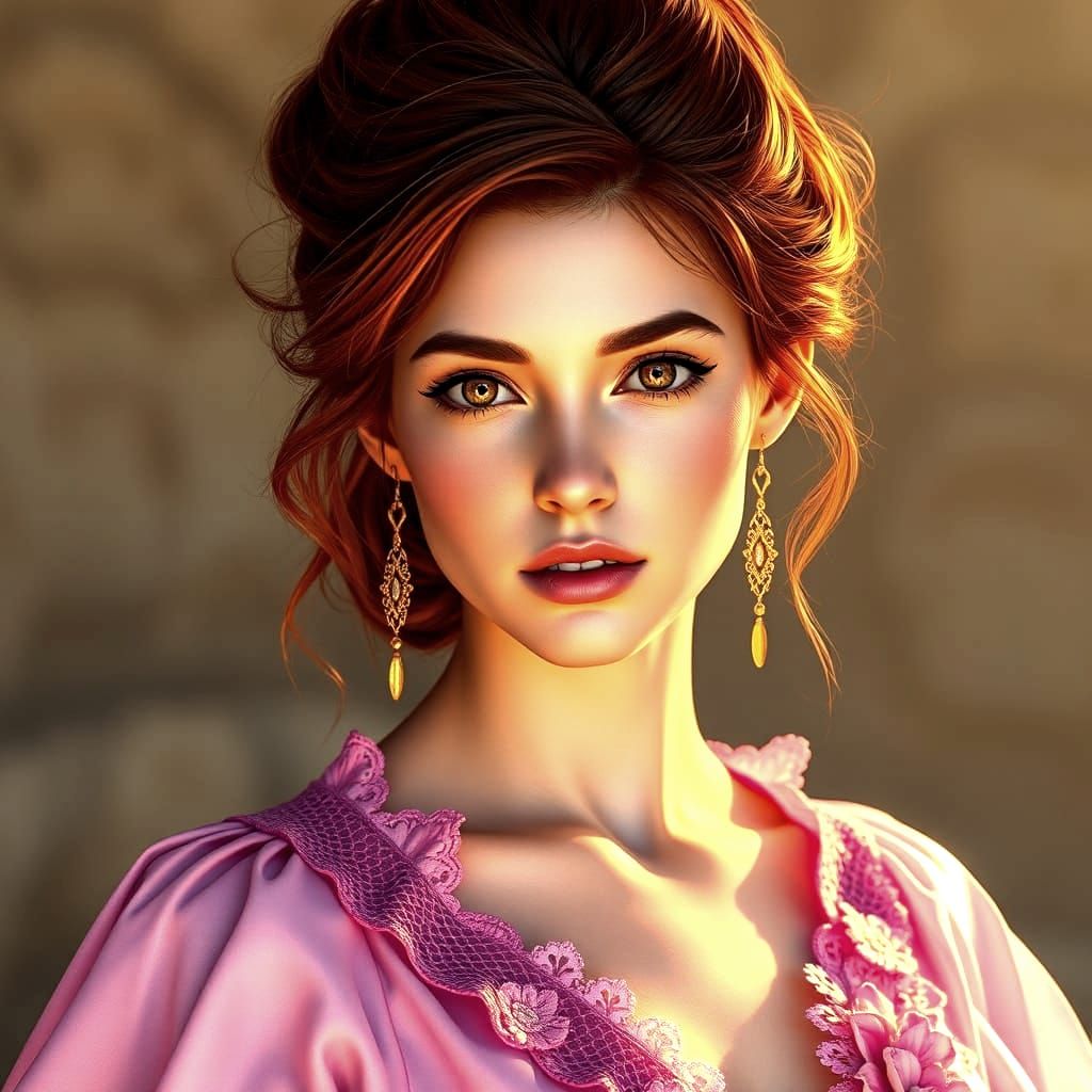 A romantic and elegant digital portrait created with acrylic and vivid oils of a beautiful woman with softly tousled red...