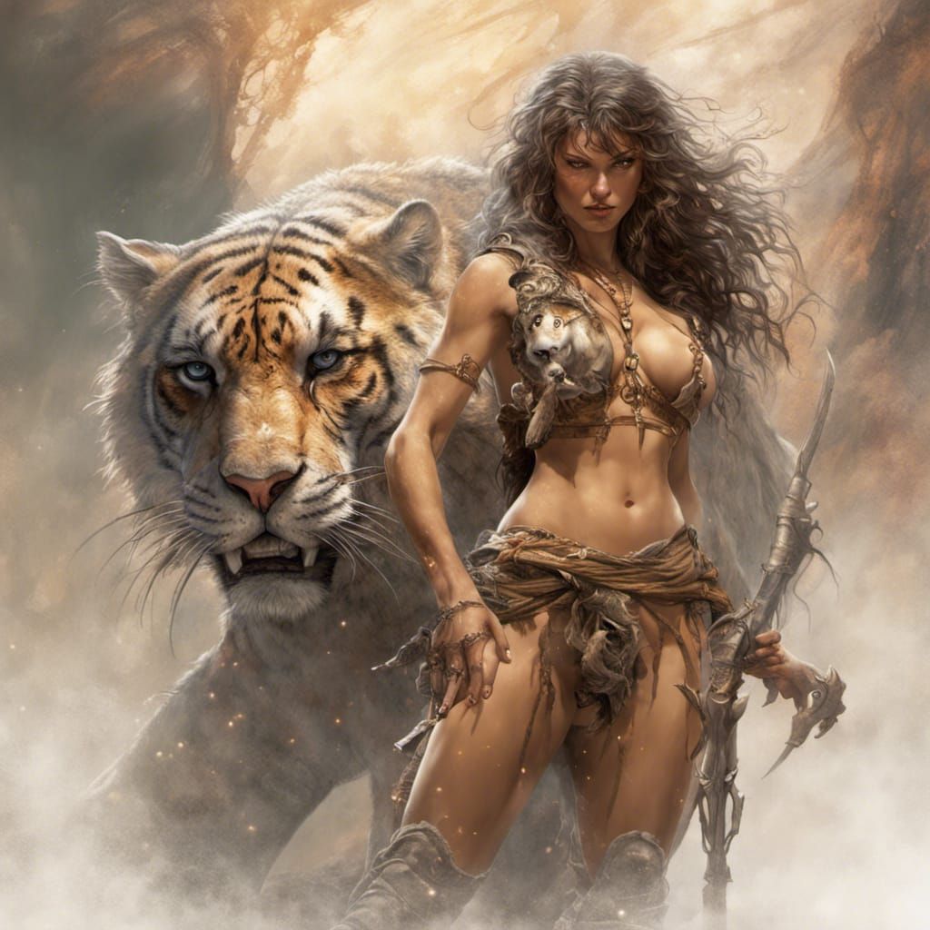 Cavewoman and Sabertooth Tiger in Art Nouveau Style