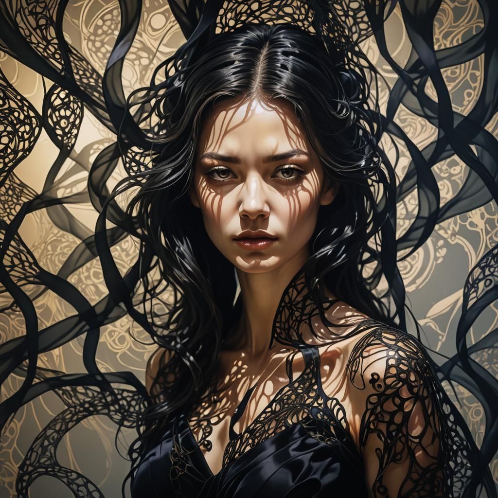 Surreal Portrait with Flowing Silk and Shadow