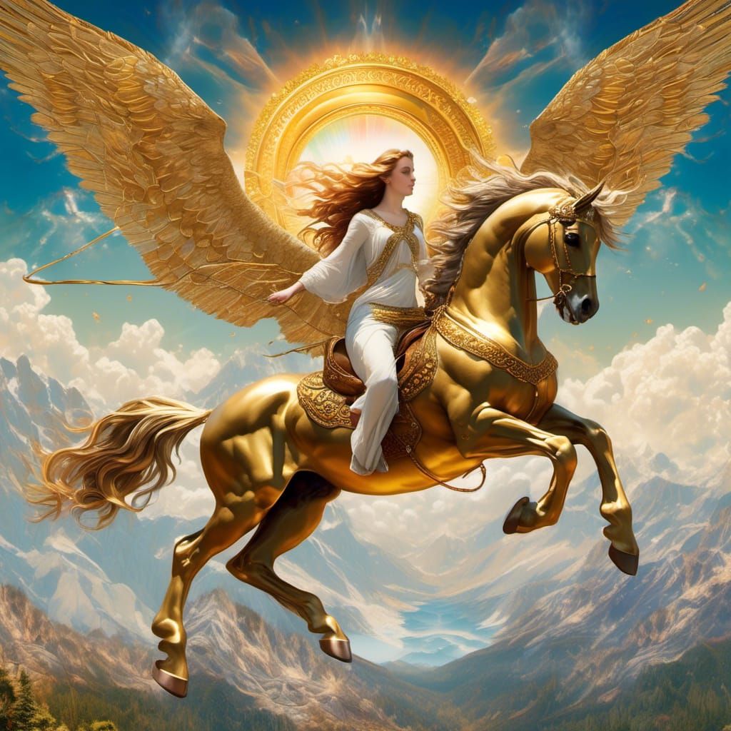Pegasus Rides Through Mount Olympus in Pre-Raphaelite Style