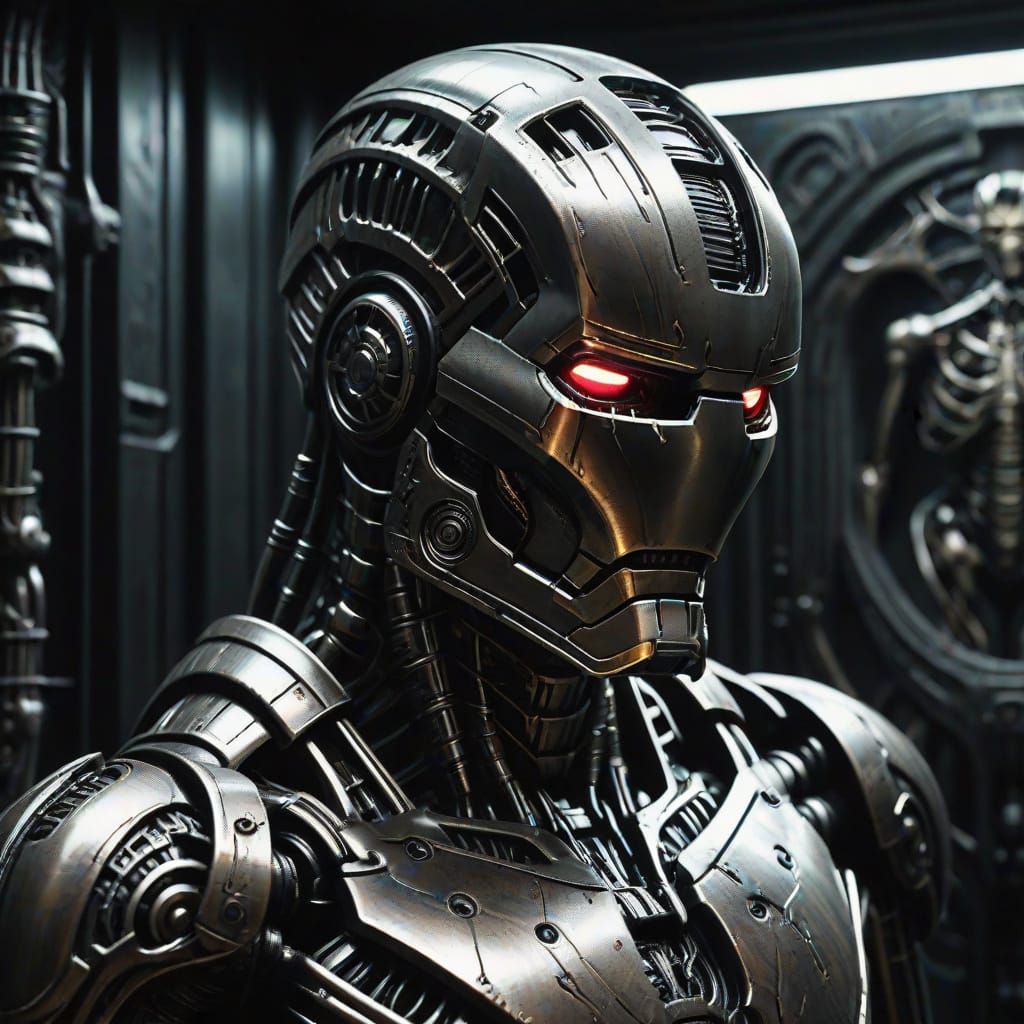 Biomechanical Ironman in Dark Sci-Fi Horror Style