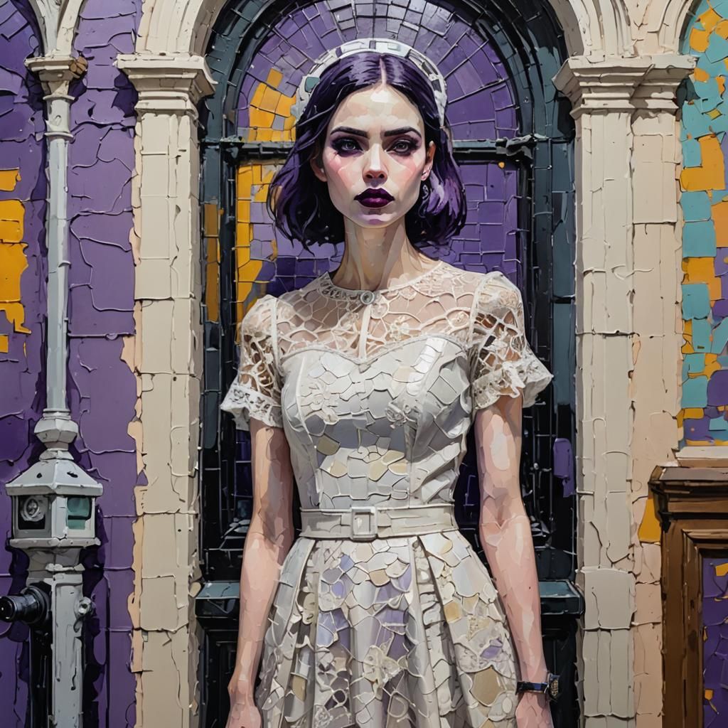 Gothic Girl with Parking Meter in Expressionist Impasto Styl...