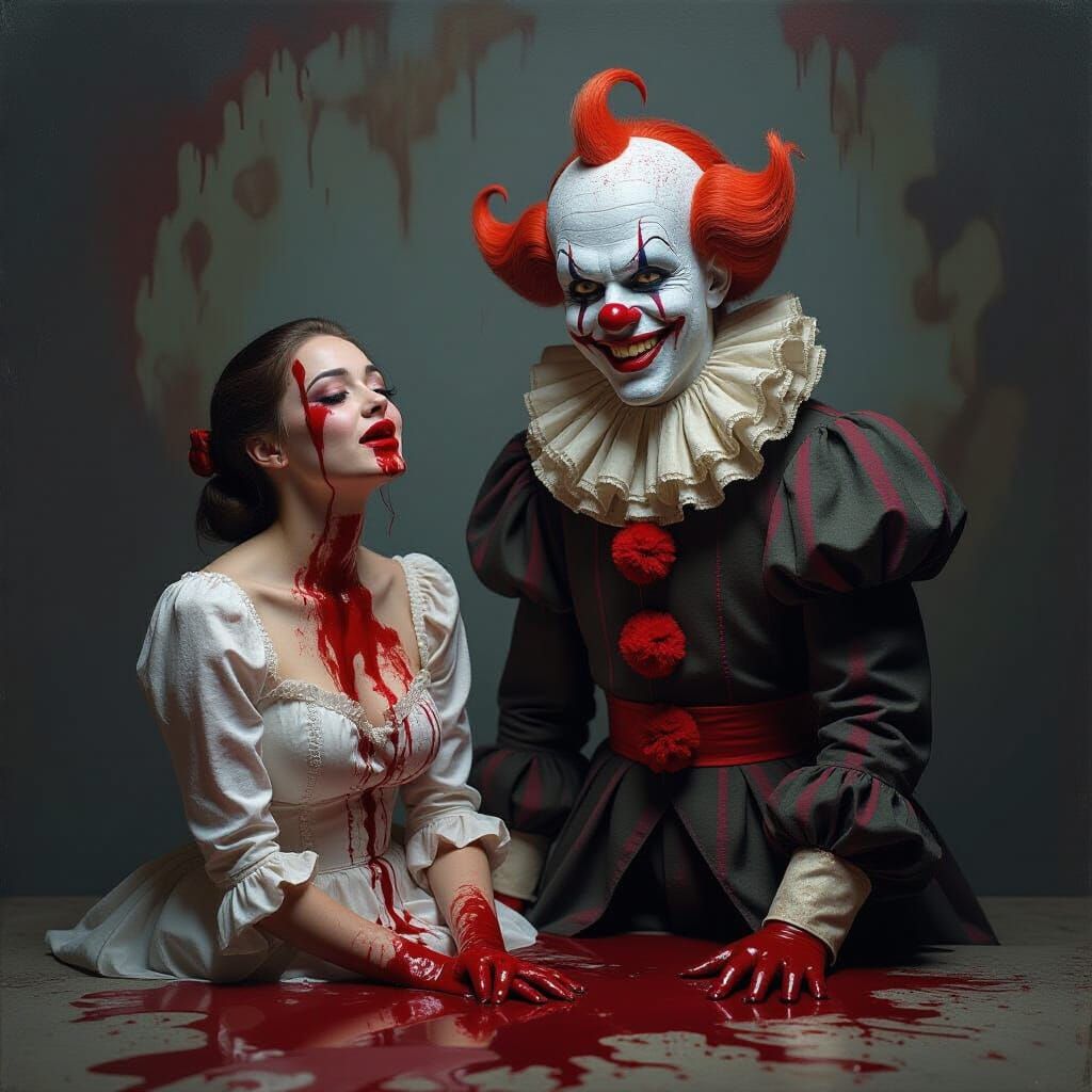 Decapitated Figure Beside Maniacal Clown