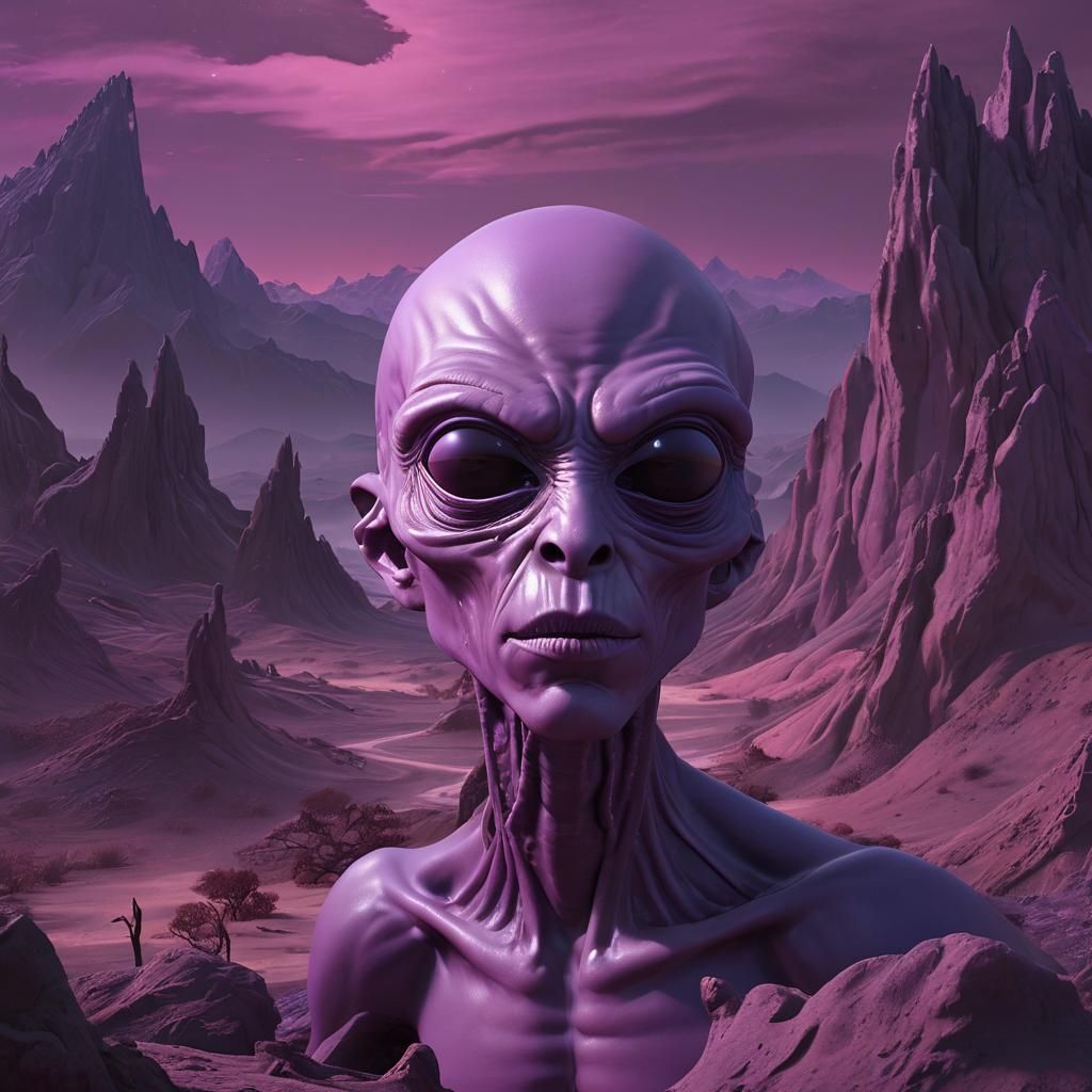A Hyperrealistic 3D render of a purple neon scary alien world, oozing with shades of neon purple primordial alien lifefo...