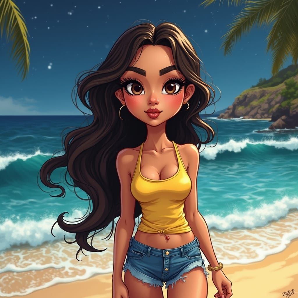 Latina Woman Blowing Kiss in Glossy Cartoon Style