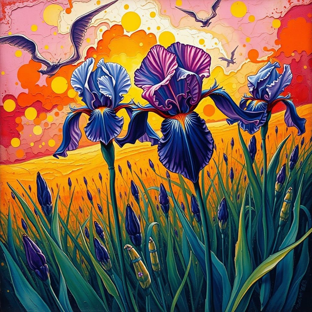 "Irises and lilly" 
/ (by Eugenia Gapchinska:1.3) 

/ (Fluorescent Impasto palette knife /Heavy Metal Record Cover:1.5)
...