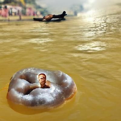 Hyperrealistic Daniel Craig Floats Down River on Donut