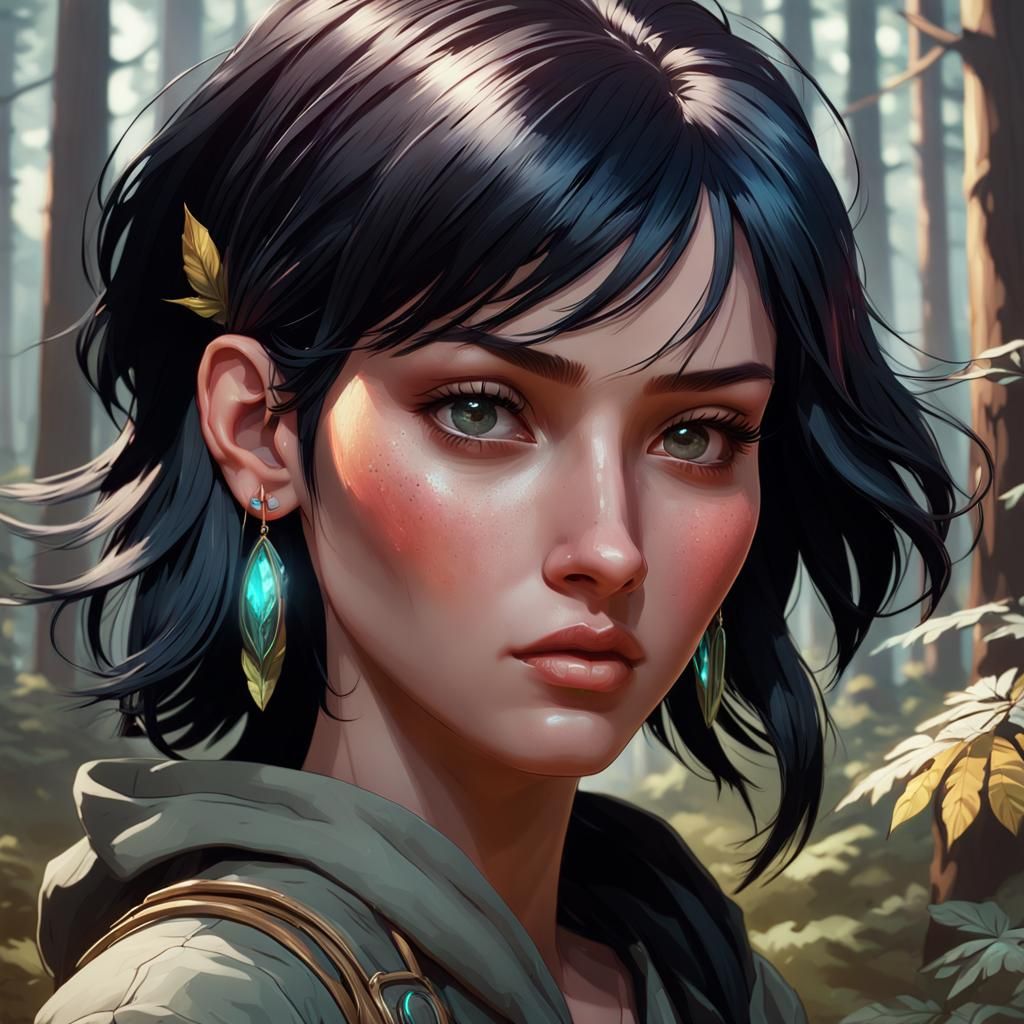 Emo Teen Portrait in Forest, Detailed Art Style