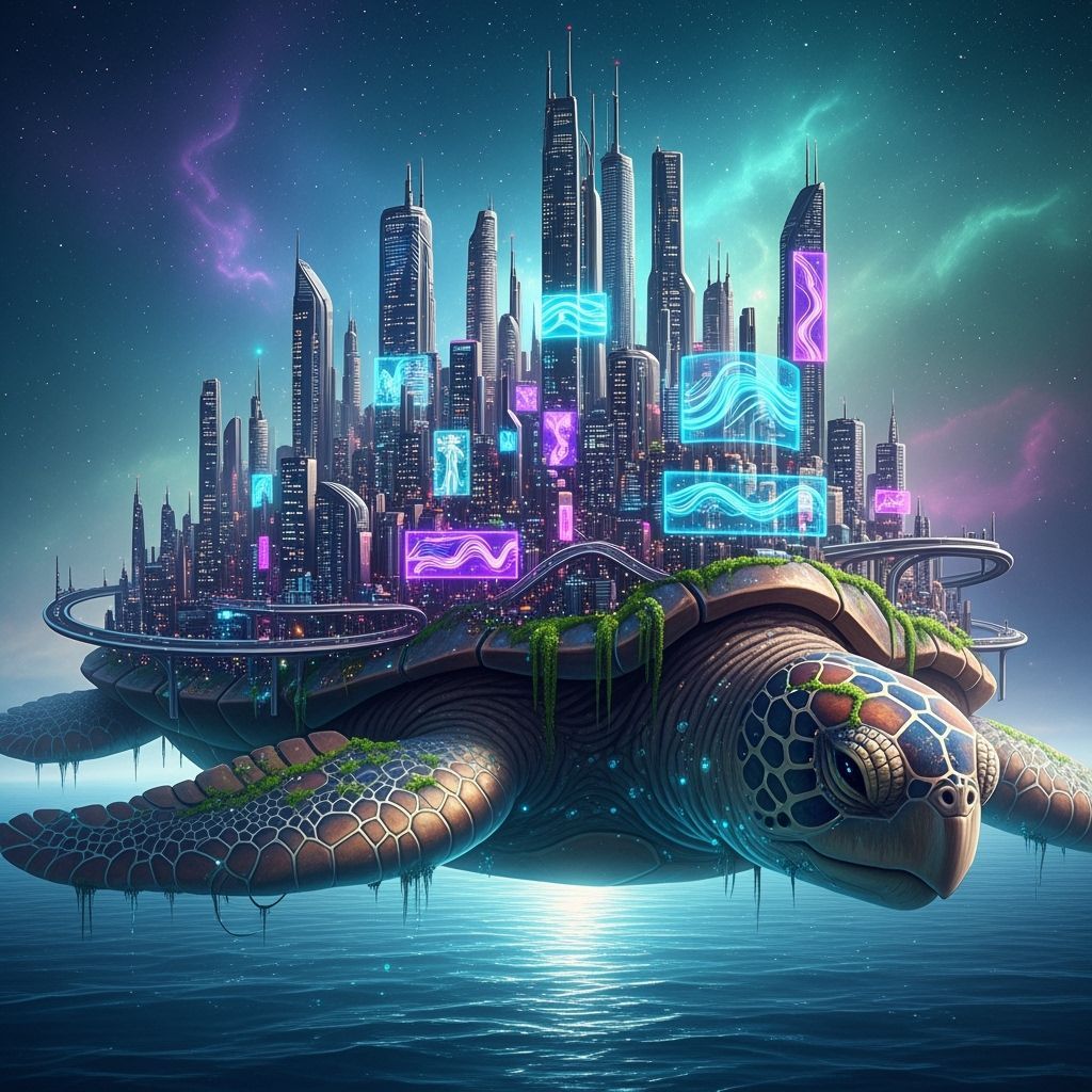 Futuristic City on Turtle's Back in Starlit Ocean